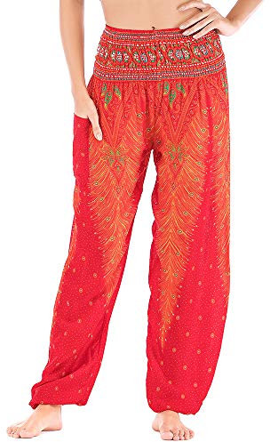 Nuofengkudu Damen Haremshosen High Waist Hippie Muster Baumwolle Pumphosen mit Taschen Leicht Weite Luftige Stoffhose Yogahose Sommerhose Strandhose(Einheitsgröße,Orange Rot Pfau)