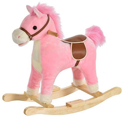 HOMCOM Cheval à Bascule Selle Grand Confort Peluche Courte Douce Bois peuplier Rose dim. 65L x 32,5l x 61H cm