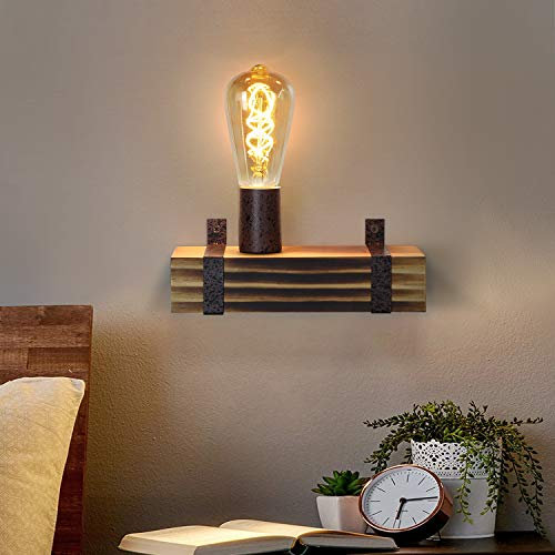 GBLY Vintage Wandleuchte E27 Holz Retro Wandlampe 23CM Wandspot im Industrial Design mit E27 Fassung max. 60Watt für Flur Wohnzimmer Schlafzimmer Esszimmer Bar, Ohne Leuchtmittel