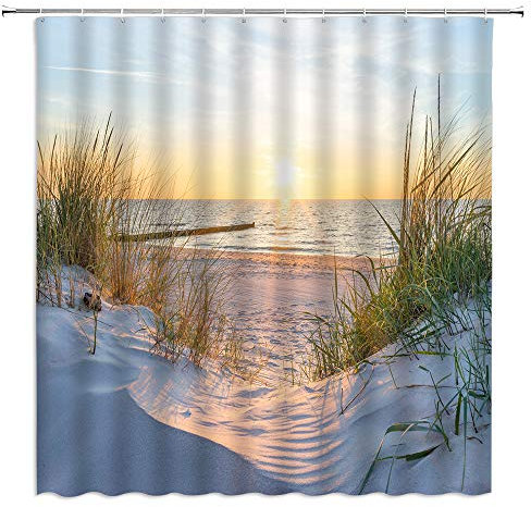 BOYIAN Strand-Duschvorhang, Motiv: Ozean, Sonne, Gras, Meeresküste, Sand, Küste, Sonnenaufgang, friedliche Meereslandschaft, Stoff, Badvorhänge, Badezimmer, Polyester, mit Kunststoffhaken, 178 x 178