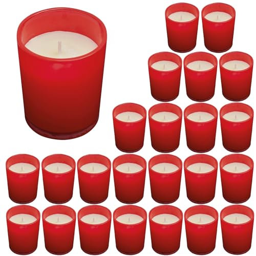 Preiswert&Gut 25 x Kerzen im Glas Abmessungen Ø5,5 x 6,6 cm – Wachs-Kerzen Deko Kerzen Dekolicht für elegante Tischdekoration und stimmungsvolle Atmosphäre in deinem Zuhause (rot)