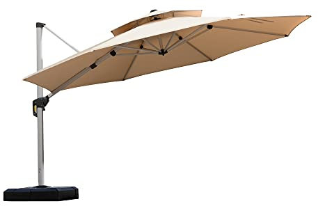 PURPLE LEAF Parasol Déporté Inclinable 4 m Rond, Parasol De Jardin Extérieur Toit à Double Rotatif 360°, Parasol Terrasse Extérieur Luxueux, Kaki marron