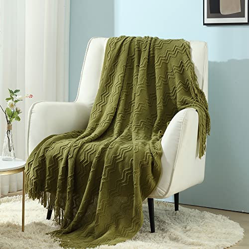 CREVENT Gestrickte dekorative Überwurfdecke für Couch, Sofa, Stuhl, Bett, weich, warm, gemütlich, leicht, für Frühling, Sommer, Herbst (127,7 x 152,4 cm, Avocado-Grün)