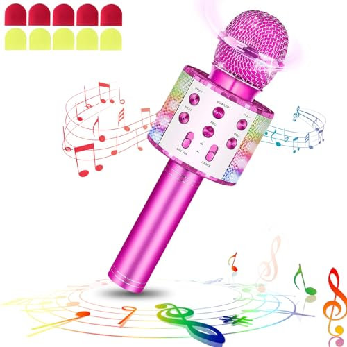 laqula Micrófono de Karaoke Inalámbrico Bluetooth con Luces LED Portátil de Mano para Cantar Karaoke Máquina de Altavoz Regalos para Niños Adultos (Violeta, con 10 Cubiertas de Micrófono Desechables)