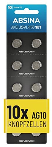ABSINA 10x LR1130 AG10 Batteria - Batterie LR1130 alcaline da 1,5V a prova di perdite e longevoli - LR54 / V10GA / RW49 / G10A / 189 / GP189 / L1130 / 89A - Pile LR1130, batterie AG10, pila LR1130