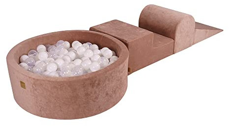MEOWBABY Piscine à Balle avec Parcours de Motricité pour Bébé avec 200 Balles - Parcours Motricité Enfant et Bébé en Velours - Aire de Jeu Modulable pour Enfants, Beige