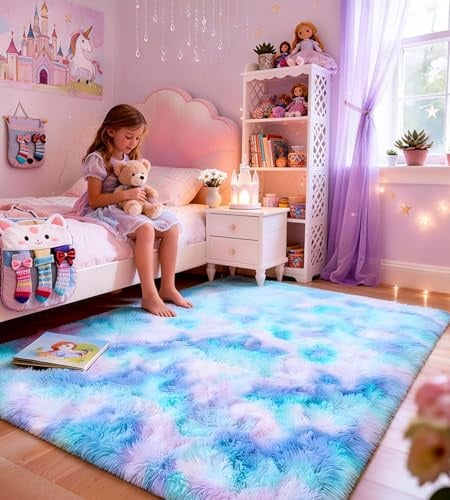 ROHATIM Teppich Wohnzimmer 160 x 230 cm Blau Lila Waschbar Rutschfester Hochflorteppich Kinderzimmer Schlafzimmer Flauschiger Teppiche