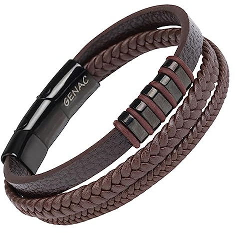 genac Armband für Herren aus hochwertigem Echtleder und Edelstahl mit abnehmbarem Magnetverschluss zum einfachen Einstellen der Länge des Schmucks, perfekt für eine tolle Geschenkidee (Braunes)