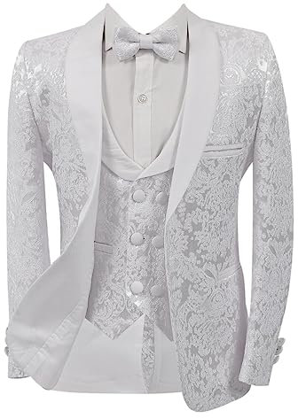 SIRRI Boys Patterned Slim Fit Tuxedo Formal Suit Communion Prom Wedding 5 Piece Full Set in White Age 10 Years