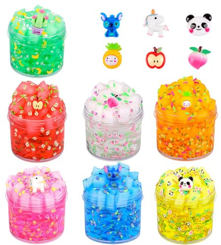 Prefilled 7PCS Jelly Crunchy Slime Kit, Non Sticky, Soft Sludge Toy, Birthday Gifts for Kids, DIY Crystal Glue Boba Slime Party Favor for Girls & Boys