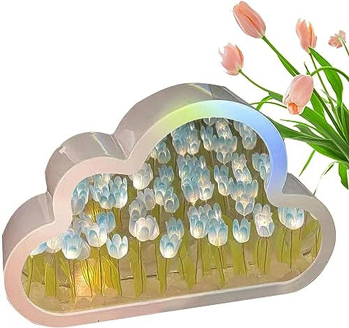EHOTER Tulpen Wolke Lampe Cloud Mirror Tulip Lamp 2 in 1 Wolken Tulpen Nachtlicht mit Spiegel Wunderschöne Tulpen Spiegel Lichter Home Deko Geburtstag Geschenke für Freunde (Blau)