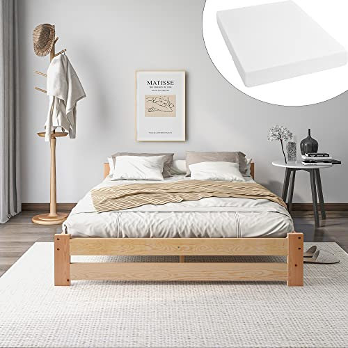KUAKE Massivholzbett, Futonbett, Massivholz Naturbett 200x140cm, aus Kopfteil und flachem Rahmen, natürliche Farbe mit Matratze