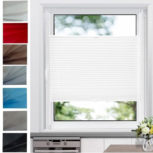Klemmfix Plissee Ohne Bohren 60 x 60 cm Einfache Montage Blickdicht Faltrollo Plisseerollo Jalousie innen Blickdichtes Falt-Rollo, für Fenster ohne Bohren, Weiß