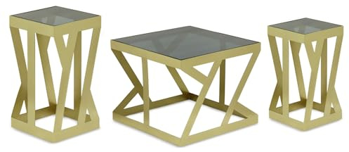 Menzzo Ensemble de 3 Tables d'Appoint Zendaya – Tables Gigognes Design en Verre Fumé et Métal Doré – Tables Basses Modernes pour Salon, Chambre ou Séjour