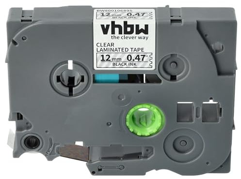 vhbw Schriftband-Kassette kompatibel mit Brother PT E110, E100B, E115, E105, D215e, E100, E100VP Etiketten-Drucker 8m x 12mm Schwarz auf Transparent