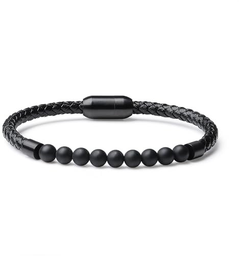 COAI Herren Schwarz Armband aus echtem Leder mit Onyxperlen L
