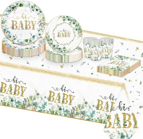 TOPWAYS Sage Green Baby Party Decorations - Boy & Girl Baby Shower Paper Plates, Cups, Napkins, Tablecloth & Tableware Set for 16 Guests