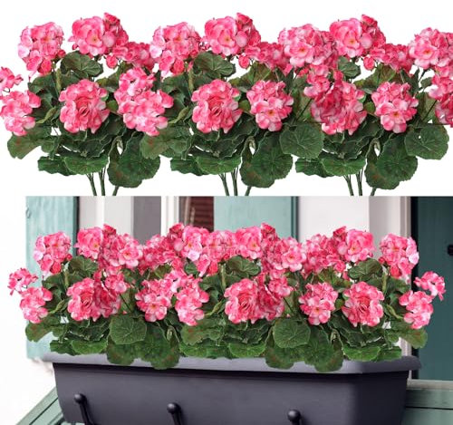 Weldomcor Künstliche Blumen, 3 Bündel im Freien und Innen Gefälschte Blumen, Geranie Blumen Dekoration Faux UV-beständige Geranienbusch für hängende Garten Veranda Fenster Box Dekor, Rosa