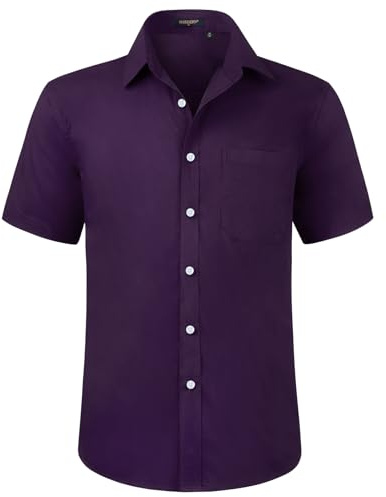 HISDERN Mens Short Sleeve Dress Shirt Regular Fit Casual Formal Purple Shirts for Men Button Down Business Stretch Shirt Non Iron,S