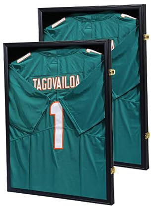 JDECO Trikot-Rahmen-Vitrine, 2 Stück, Trikot-Schattenbox mit 98 % UV-Schutz, Acryl und Aufhänger für Baseball, Basketball, Fußball, Hockey, Sportshirt und Uniform, Schwarz