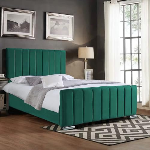 A. H Beds Panel Line Upholstered Super King Size Bed frame with Headboard and Foot board - Super King Size Bed 6FT - Wooden Bed Frame Super King - Green Plush Velvet