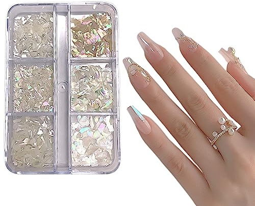 Irregular Abalone Seashell Slices, 6 Grids Nail Shell Pieces 3D Nail Art Decorations Accessories UV Gel Abalone Shell Flake Mermaid Nail Sequins for Nail Design DIY Crafts (White A)