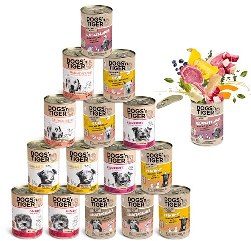 Dogs’n Tiger Adult Hundefutter, Nassfutter, Getreidefrei, ohne Zuckerzusatz & künstliche Konservierungsstoffe, Mixpaket Schlemmerparadies, Rind, Lamm, Truthahn, Huhn & Ente, 16x 200g
