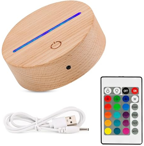jovalus 3D LED Lichtsockel aus Echtholz Nachtlicht Lampensockel als Ersatz oder selber bauen. mit Fernbedienung USB Kabel 3D Illusion Lampe 7 Farben. Als Deko Licht Sockel für Maker