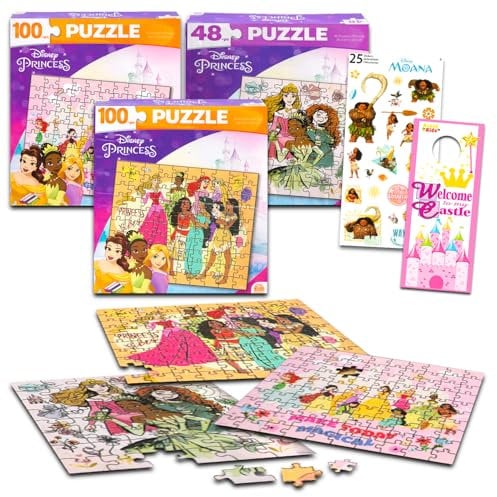 Disney Princess Jigsaw Puzzle for Kids Bundle Princess Activity Set - 3 Pack Disney Princess Jigsaw Puzzles 48, 100 Piece Puzzles Plus Stickers, More | Princess Toys for Girls