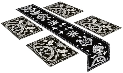 imposyu Juego de 4 Manteles Individuales y Camino de Mesa Salvamantel Vintage Negro Camino Mesa Lavables para Fiestas Vacaciones Restaurante Hoteles, 33 × 180 cm
