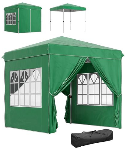 Outsunny Carpa Plegable Pop-up Gazebo 2,5x2,5 m Cenador Plegable con 4 Paredes Laterales Anti-UV y Bolsa de Transporte para Camping Fiestas Verde Oscuro