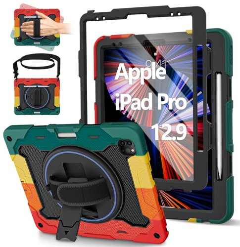 ROSROME for iPad Pro 12.9 Case 6th/5th/4th/3rd Generation with Screen Protector for Kids,Heavy Duty Shockproof Cover for iPad Pro Case 12.9 Inch with 360° Kickstand/Shoulder Strap/Pencil Holder, Red
