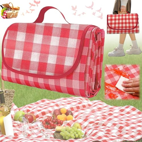 Liekadijiae Picknickdecke Rot Karier,Picknickdecke Wasserdicht 200x200 | Piknik Decke Groß,Sandfest Stranddecke,Campingdecke,Picnic Mat für Garten (Rot)