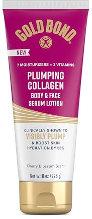 Gold Bond Plumping Collagen Body & Face Serum Lotion, Lightweight Hydrating Moisturizer with Collagen Peptide Complex, Jojoba and Grapeseed Oils to Visibly Plump Skin, Cherry Blossom Scent, 8 oz