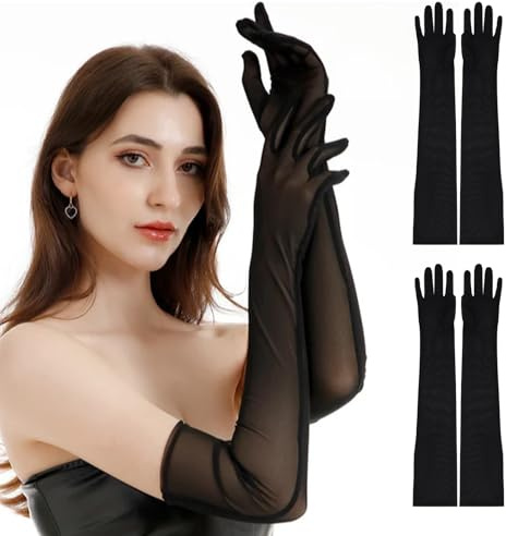 Fjquamitix 2 Pairs Long Black Mesh Gloves for Women, Elegant Lace Tulle Sheer Gloves Hand Sleeves for Evening Party Tea Party Opera Dance Bridal Formal