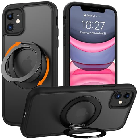 VENINGO Magnetic Case for iPhone 11, for iPhone XR, [14FT Military Grade Protection][Fit for MagSafe][360° Rotatable Ring Stand] Matte Translucent Slim Case, Black