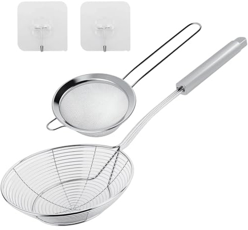 Mestolo per ragnatela in acciaio inox, schiumarola, schiumarola, setaccio, mestolo da cucina in rete metallica con manico per friggere tutti i giorni, stufare e creare. Diametro: 14 cm