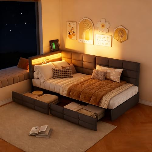 LIVLUX Polsterbett Schlafsofa 90x200,Einzelbett mit LED-Beleuchtung und USB,Jugendbett mit 2 Schublade und Lattenrost,Tagesbett, ohne Matratze (Hellgrau, 90x200 cm)