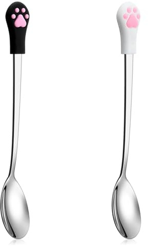 Tweruna 2 PCS Dog Cat Food Spoon, Stainless Steel Pet Spoons for Wet Food, Cute Cat Claw Long Handle Pet Spoon for Wet Food and Can(White, Black)