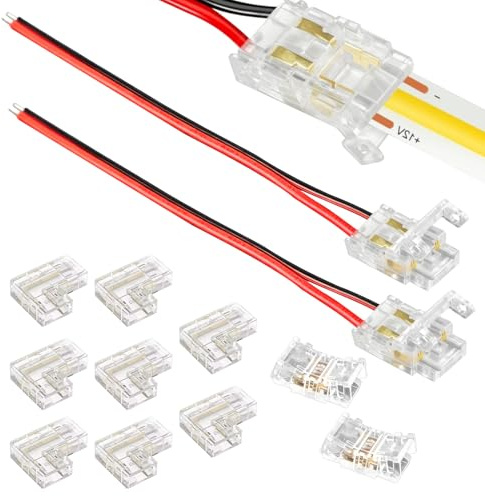 Silkwish 12 Stück LED Streifen Verbinder 2 Polig 8mm - 2 Pin Lötfreier LED Strip Connector für SMD/COB Streifen - Inkl. 8X L-Form Eckverbinder, 2X Mittelverbinder, 2X Verbinder mit 10cm 20AWG Kabel
