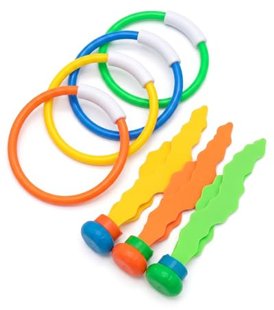 HAPZUR Jouets de Plongée Enfants 7 Pièces | 4 Anneaux de Plongée & 3 Algues Lestées | Kit Jeux Piscine pour Apprentissage & Amélioration Nage