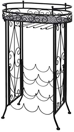 QZZCED Powder Coated Floor Standing Wrought Iron Wine Rack for 9 Bottles with Side Lock Door and Glass Holder