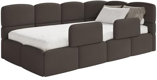 Selsey Jugendbett 120x200cm Braun Chenille Stoff mit Stauraum und Lattenrost, Polsterbett mit Bettkasten, Kinderbett mit 2 Schutzbarrieren, Jugendbett rechtsseitig mit gepolstertem Eckkopfteil