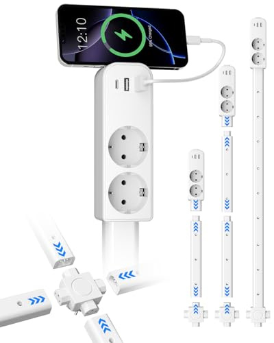 Regletas Enchufes 2 Tomas, 2 Puertos USB-A y 1 USB-C, Regleta Múltiple con 3 Extensión, Apta para Enchufes de Difícil Acceso Detrás del Sofá, Mesita de Noche, Escritorio, 1 Pack