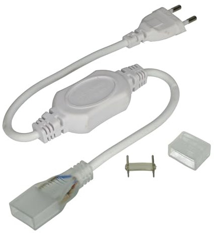 Jandei – Kit Conexión para Tira LED Ancha 20x8mm 220V, Potencia Máx 15A 3300W y 276 LEDs/metro, IP65 para Exteriores. Incluye Enchufe, Pincho Conector y Tapón Final