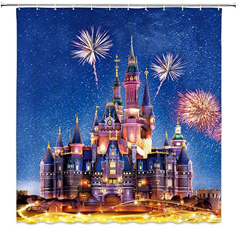 Feierman Cortina de ducha con diseño de castillo de hadas para decoración de fuegos artificiales coloridos para niños, lavable a máquina, resistente al agua con ganchos de 70 x 70 pulgadas