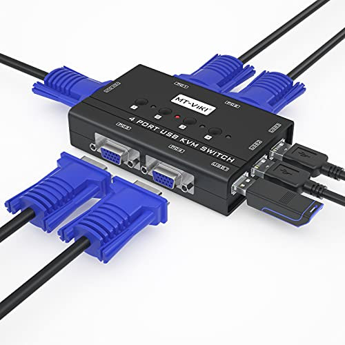 VGA KVM Switch 4 port, KVM USBSwitches Selector for 4 Computers Share One HD Monitor Keyboard Mouse Printer, MT-VIKI 4 in 1 out KVM Switches VGA +Cables 2in1 +3 USB Hub