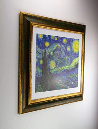 Melody für Großformate, Massivholz Barock Bilderrahmen in Grün Gold mit 2mm klarem Kunststoffglas, Bildmaß: 85 x 110 cm