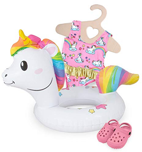 Heless 661 - Schwimm-Set für Puppen, 3 teilig, Motiv Einhorn Henri, Badeanzug, Clogs und Schwimmring, Größe 28 - 35 cm, für Badespaß an heißen Sommertagen