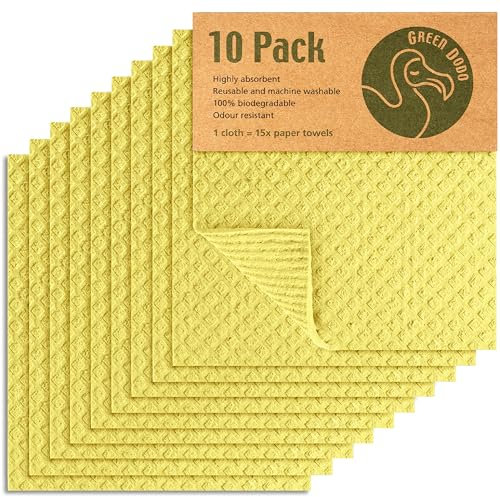 Green Dodo Swedish Dishcloth 10 Pack - Eco Friendly Biodegradable & Sustainable Sponge Kitchen cloth - Absorbent & Odour Free Dish Cloths For Kitchen - Reusable Kitchen Sponge Paper Towel Alternative